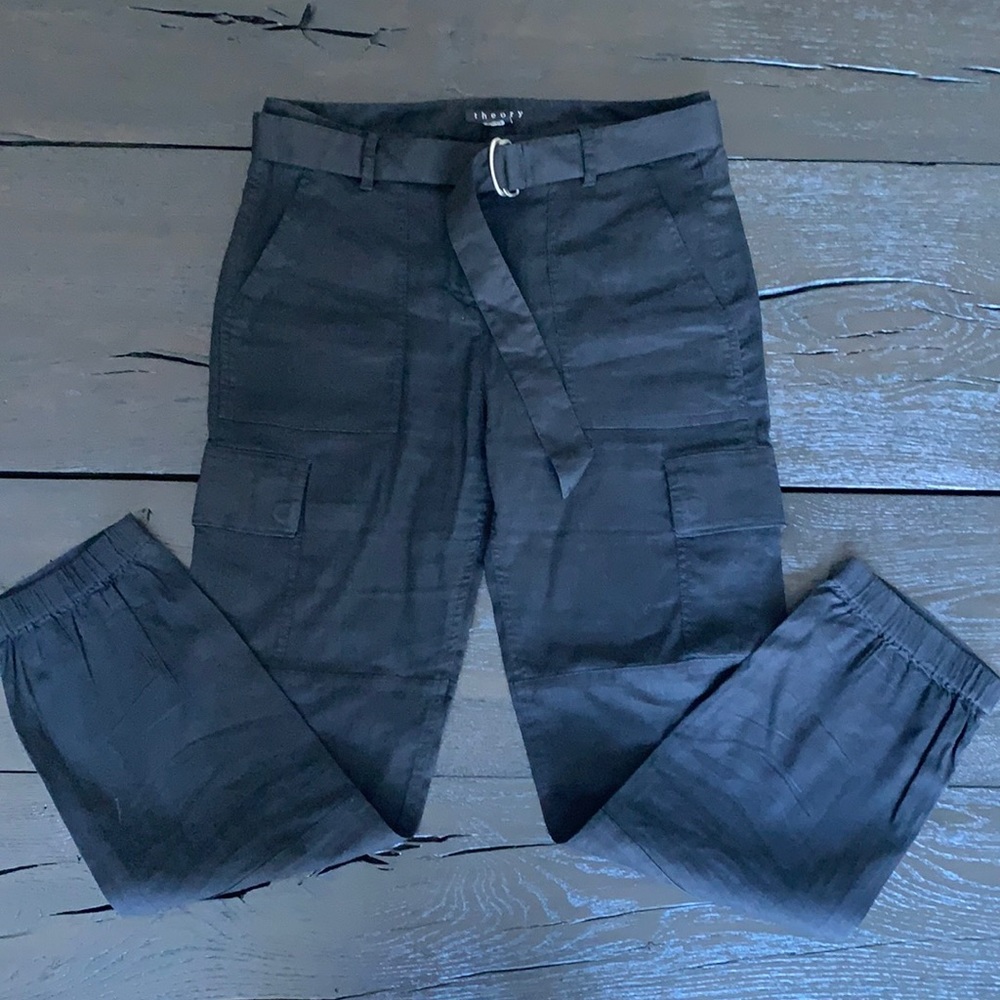 Theory 2 black cargo stretch linen pants w belt
